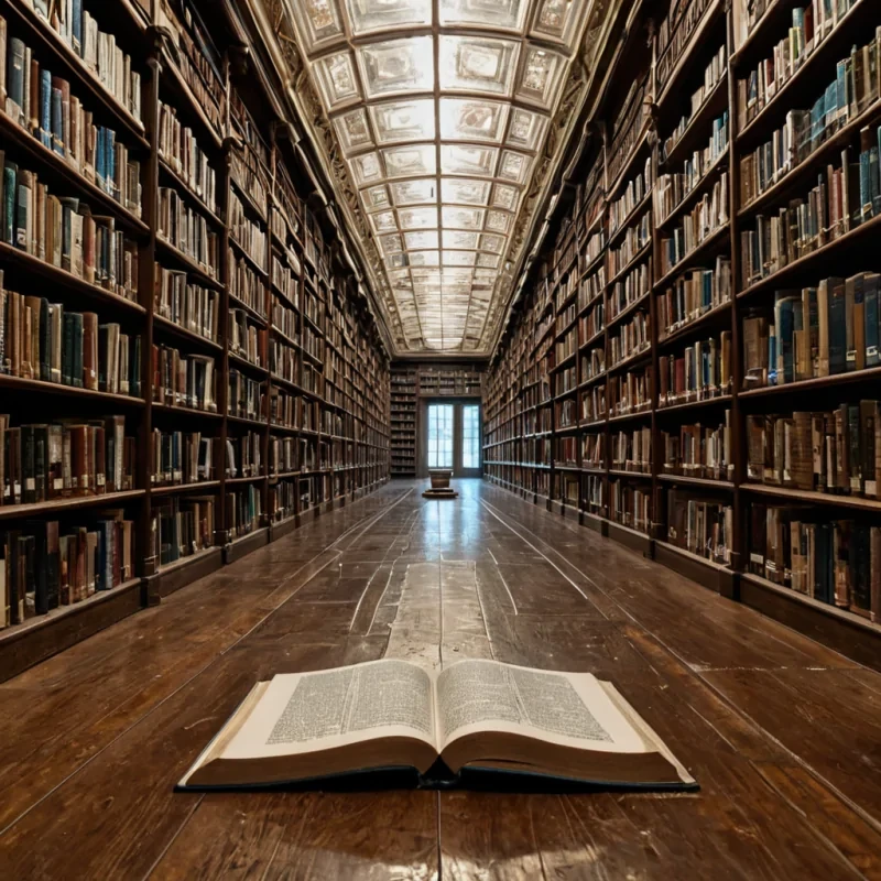 A single, ancient book floats in the center of a vast, empty library with no walls, no ceiling, no flooronly infinite, weightless shelves stretching into the void in every direction. The book is bound in iridescent, selfrepairing leather that shifts color with each breath of the observer, its spine etched with a language that writes itself in reverse when viewed in a mirror. Inside, the pages are not paper, but thin, translucent membranes of solidified wind, each one holding a single, frozen moment of a conversation that never happenedvoices trapped midsentence, syllables suspended like dust in sunlight. The librarys shelves are made of solidified silence, but when touched, they emit a soft, harmonic ch