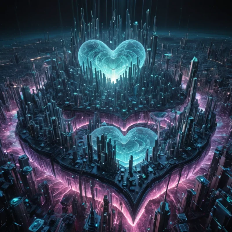 Photorealistic, colossal, crystalline, anemone city, its hyperrealistic, 4K, faceted structures revealing ultra HD, bioluminescent, cybernetic ecosystems within. Volumetric lighting from unseen, pulsating, cybernetic hearts etches the citys ethereal, fractal form, casting intricate, dynamic, bioluminescent shadows on the inverted, reflective void. Cinematic lighting bathes the scene in vibrant, otherworldly hues, with lens flare emphasizing the citys central, radiant, throbbing, crystalline heart, pulsating with captive, artificial, cybernetic energy.