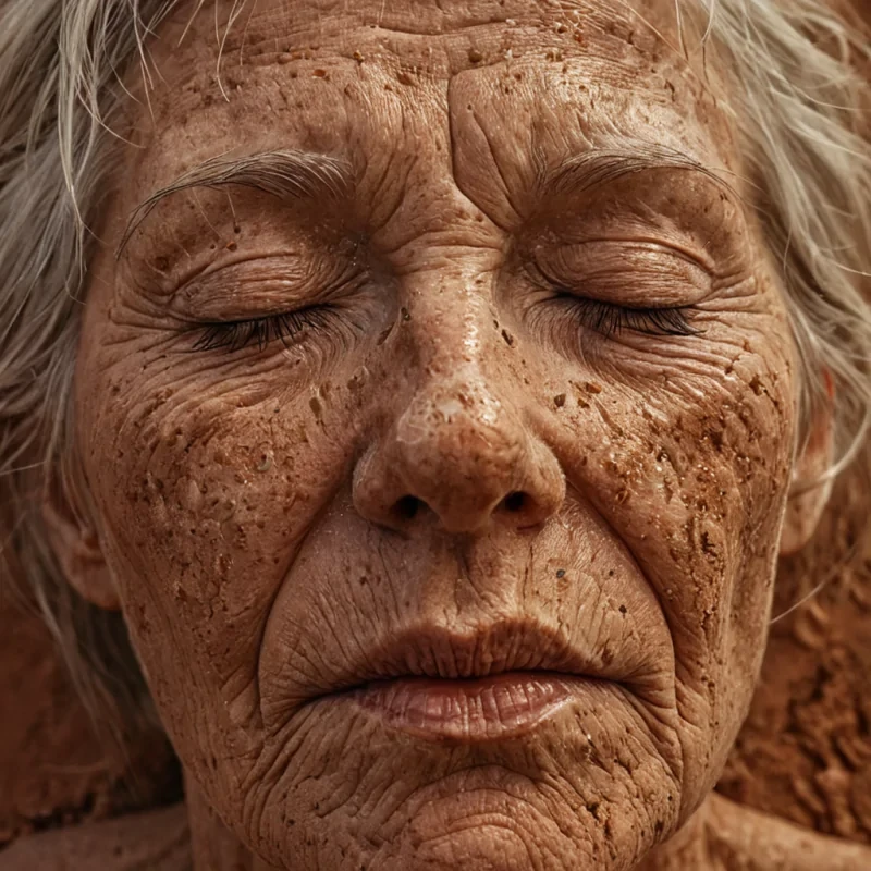 A hyperrealistic, closeup portrait of an elderly womans face, specifically focusing on her closed eyes and the texture of her skin, which is rendered as a topographic map of a dry, cracked desert landscape. Instead of wrinkles, the skin features deep, arid gullies filled with fine, golden sand and sparse, driedout moss in shades of sage and ochre. Her eyelashes are replaced by delicate, translucent blades of crystalline ice, refracting a warm, lateafternoon sunlight that casts long, sharp shadows across her cheekbones. The background is a seamless, softfocus wash of warm terracotta and dusty rose, with faint, drifting particles of red clay dust illuminated by a single, strong beam of light coming