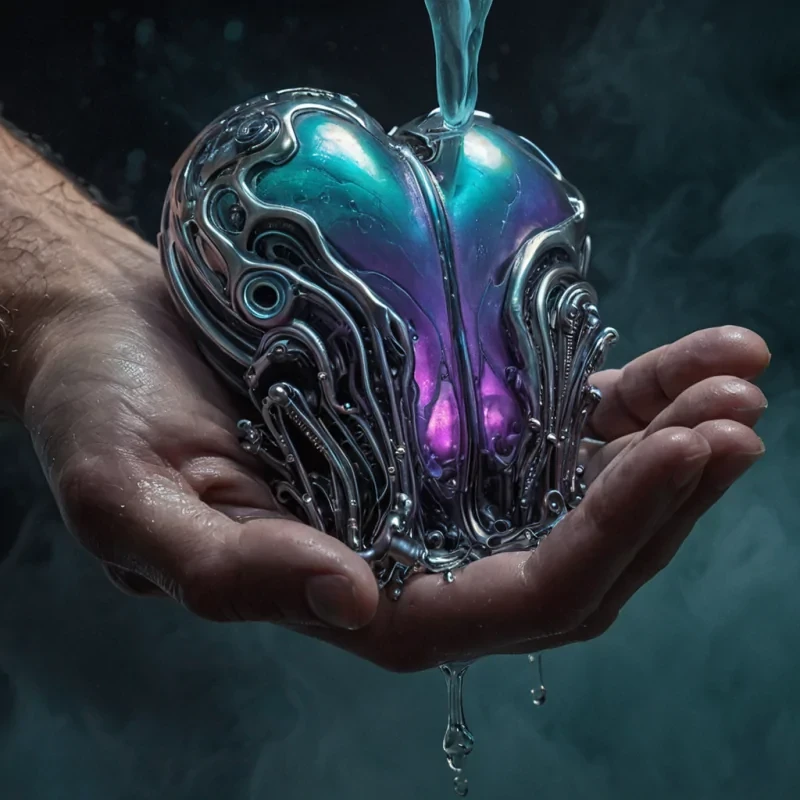 A hyperrealistic, extreme closeup of a solitary, humanoid hand reaching out from a dense, swirling cloud of suspended, metallic liquid nitrogen vapor, the fingers perfectly formed and made of layered, translucent, iridescent beetle wing scales that shimmer with shifting hues of oil slick purple and teal. The hand is grasping a small, intricate, mechanical heart made of polished, matte silver gears and glowing, cyanblue bioluminescent veins, which is pulsating with a slow, steady rhythm that causes the surrounding vapor to ripple outward in concentric, solidified rings of frost. The background is a deep, voidlike darkness, punctuated by faint, distant stars that appear as tiny, sharp points of white light, creating a stark contrast with