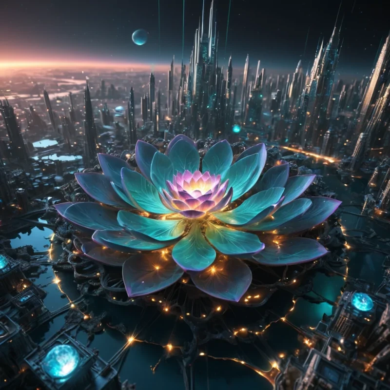 Photorealistic, colossal, floating, glassine, fractal, lotus metropolis, its hyperrealistic, 4K, gemstone structures unfurling ultra HD, zero gravity, aeroponic ecosystems. Volumetric lighting from unseen, pulsating, bioluminescent hearts etches the citys ethereal, labyrinthine architecture, casting intricate, dynamic, iridescent shadows on the inverted, reflective void. Cinematic lighting bathes the scene in vibrant, nebular hues, with lens flare emphasizing the citys central, radiant, throbbing, opalescent heart, pulsating with captive, alien, aerothermal energy.