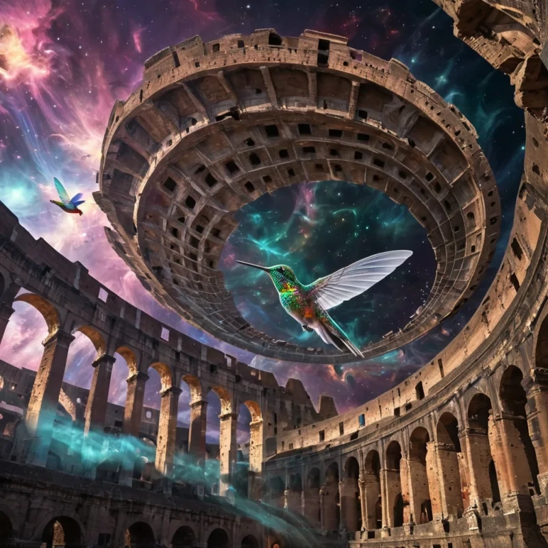 A colossal, ancient, sentient, glass and chrome colosseum, suspended in the heart of a swirling, mesmerizing, interstellar nebula, its transparent walls revealing intricate, holographic, fractal patterns that dance and pulsate with ethereal, otherworldly life. A lone, levitating, iridescent, mechanical swarm of hummingbirds, their metallic wings adorned with fractal patterns, swirls around the colosseum, casting dynamic, mesmerizing shadows under cinematic lighting. Captured in Ultra HD with vibrant colors, atmospheric effects, and a soft focus, evoking a sense of tranquil, otherworldly majesty.