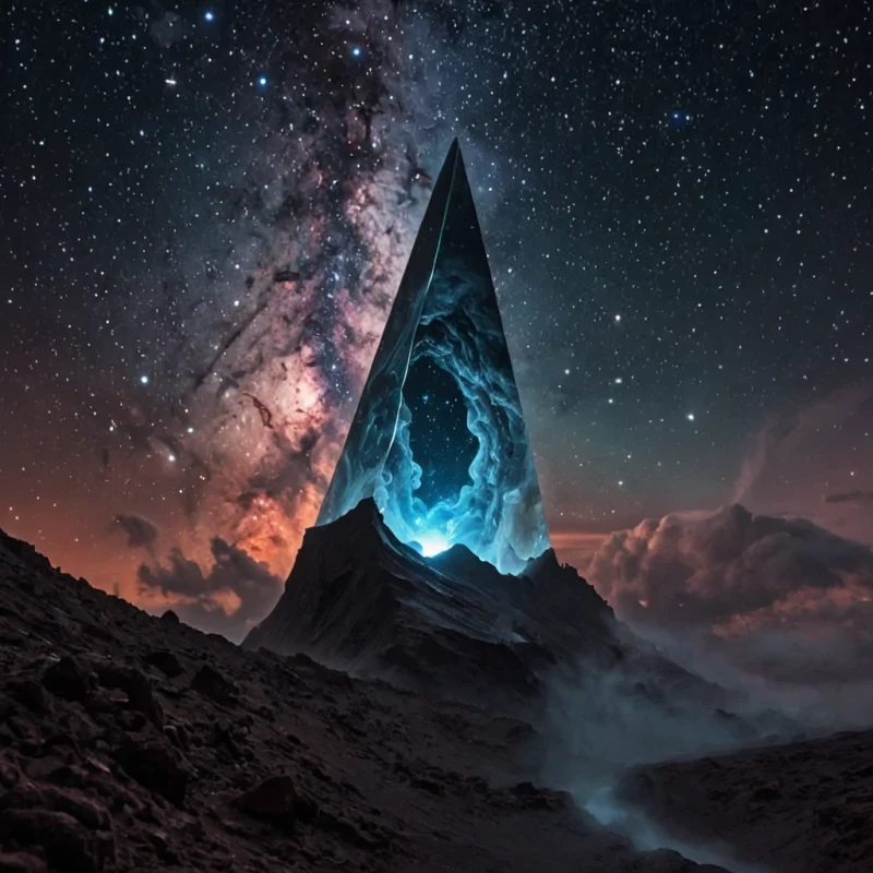 A single, selfreflecting shard of liquid obsidian floats in the center of a vast, still nebula composed entirely of inverted, petrified questions from a civilization that communicated through the shape of unasked queries. The shard does not fractureit refracts, bending light into a slow, spiraling cascade of impossible geometries shaped like the negative space between two minds that never collided, each facet glowing with the faint, quantum afterimage of a thought that was almost formed. The nebula is not gasit is a layered expanse of suspended silence from a million unspoken curiosities, each cloud etched with the emotional residue of a question that never left the tongue, its edges shimmering with the ghostly outline of a