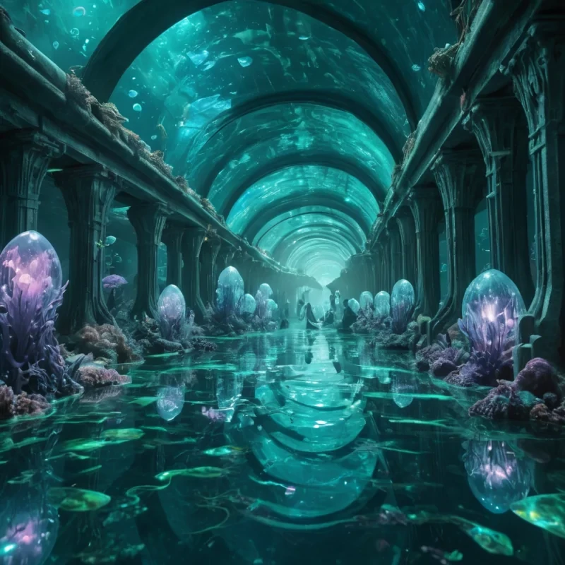 A vast, underwater metropolis illuminated by bioluminescent algae, where merfolk commute through crystal tunnels in iridescent, levitating pods, hyperrealistic, ultra HD, cinematic lighting, volumetric lighting, atmospheric effects, soft focus, pastel tones, detailed textures.
