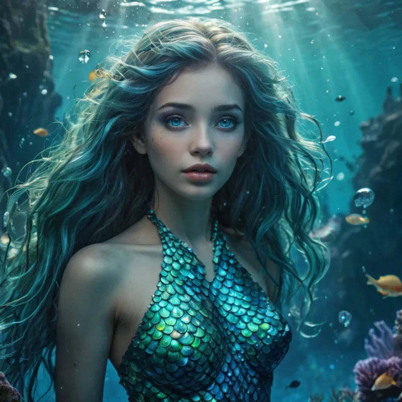 A hyperrealistic, 4K, ultra HD portrait of an ethereal mermaid, her iridescent scales shimmering with the colors of the oceans depths. The mermaids eyes, a deep, mysterious azure, hold the secrets of the seas ancient wisdom. Her hair, a cascade of shimmering, bioluminescent seaweed, gently sways with each movement of her ethereal form. The background is a surreal, underwater cityscape of crystalline spires and floating islands, with distant merfolk and exotic sea creatures casting a soft, ethereal glow. Cinematic lighting accentuates the mermaids otherworldly beauty, while a subtle bokeh effect blurs the enchanting underwater realm, creating an intimate