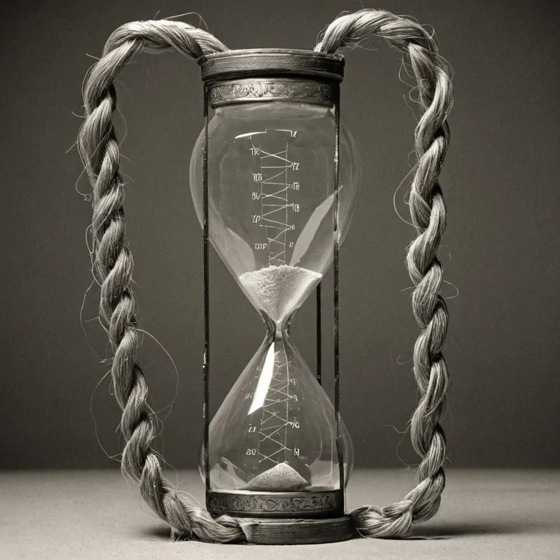 A single, selfoscillating thread of reversed time, shaped like a 3,141dimensional braid of unformed chronology and inverted causality, weaves through the hollow core of a vast, inverted hourglass of solidified stasis. Each strand is spun from the exact moment between a second ticking forward and its refusal to pass, a memory forming in the mind and dissolving into nonsequitur, a heartbeat syncing with the rhythm of a forgotten past and collapsing into pure, unmeasured nonduration. The braid does not measure timeit unmeasures it, each trembling loop shedding a layer of temporal potential that never coalesced into history, regret, or the weight of having been. As it