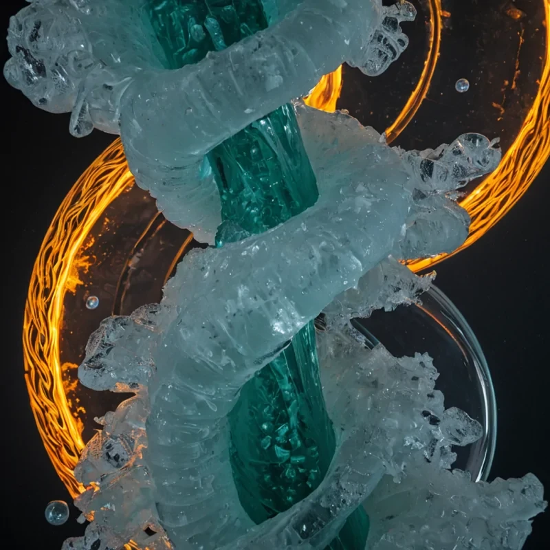 A vertical, closeup shot of a suspended, rigid column of translucent, pale blue ice, frozen in the shape of a complex, twisted double helix, floating in a vacuumlike void. The ice is not solid but appears porous, filled with millions of tiny, suspended bubbles that glow with a soft, warm amber light, resembling a captured nebula of embers. Wrapped tightly around the central axis of the helix is a single, continuous strand of ultrathin, flexible optical fiber cable, glowing with a pulsating, electric green signal that travels upward through the structure. The background is a deep, matte black, emphasizing the luminosity of the internal glow and the clarity of the ice. The lighting is internal and diffuse, creating a