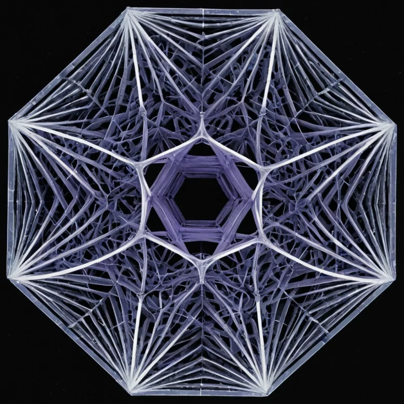 A precise, orthographic architectural blueprint of a impossible, floating pentagonal structure suspended in a vacuum of absolute zero darkness. The structure is composed not of stone or metal, but of solidified, highviscosity black ink that has been stretched into thousands of razorthin, translucent sheets, creating a complex, weblike lattice that mimics the neural pathways of a brain. Embedded within the negative space of the lattice are hundreds of tiny, perfectly spherical, opaque white pearls, each one glowing with a soft, internal bioluminescent pulse that shifts slowly from pale blue to warm lavender. The perspective is strictly topdown, eliminating depth cues, emphasizing the twodimensional flatness of the ink sheets against the stark void. The only light source is the