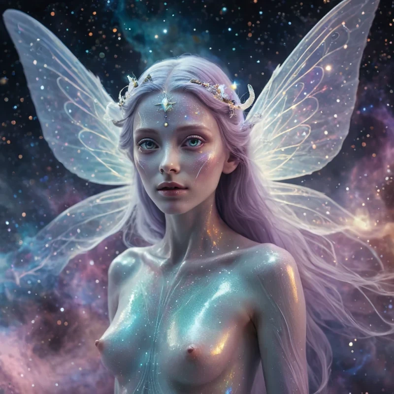 A hyperrealistic, 4K, ultra HD portrait of a mysterious, ethereal being with opalescent skin and eyes that shimmer like starlight. The beings iridescent, gossamer wings flutter gently, leaving trails of stardust in their wake. The background is a nebula of swirling, pastel hues, with distant galaxies and planets casting a soft, ethereal glow. Cinematic lighting accentuates the beings otherworldly features, while a subtle bokeh effect blurs the cosmic backdrop, creating a dreamlike atmosphere.