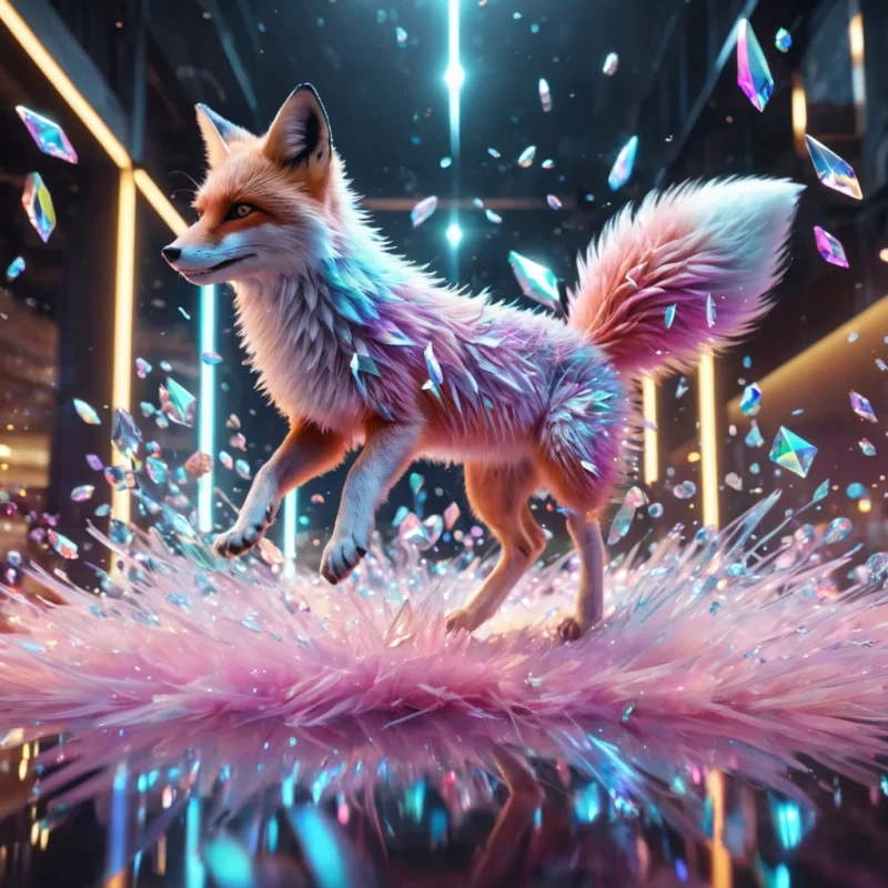 Hyperrealistic neon fox with iridescent fur, playfully leaping through a floating, geometric cascade of reflective, swirling pastel diamonds, dynamic lighting with volumetric beams, soft focus on its delicate, luminescent body, vibrant colors, 4K resolution, lens flare dancing around its ethereal form in a surreal, futuristic urban sanctuary.