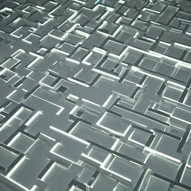 A topdown, isometric view of a vast, rectangular grid of suspended, rigid, transparent acrylic tiles floating above a deep, shadowy chasm. Each tile is etched with a unique, complex geometric maze in a matte, pearlescent white finish. The mazes are not static they are actively filling with a slowmoving, viscous liquid in a vibrant, saturated chartreuse hue, progressing from the center of each tile outward to the edges at different speeds, creating a dynamic sense of temporal flow. The lighting is cool and clinical, emanating from below, causing the liquidfilled channels to glow with an intense, internal radiance that contrasts sharply with the opaque, shadowed gaps between the floating tiles. The perspective is perfectly flat
