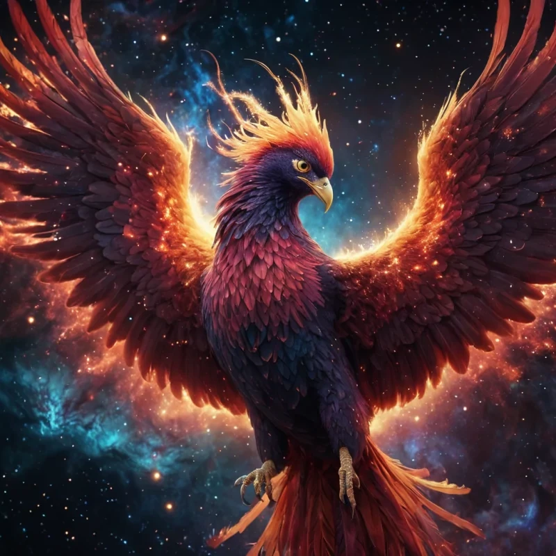 A hyperrealistic, 4K, ultra HD portrait of a celestial phoenix, its feathers shimmering with the colors of a distant nebula. The phoenixs eyes, a deep, enigmatic crimson, hold the secrets of a thousand cosmic mysteries. Its wings, a cascade of shimmering, stardustlike particles, gently pulse with each beat of its celestial heart. The background is a surreal, interstellar landscape of swirling galaxies and floating planets, with the distant hum of cosmic phenomena and the soft glow of nebulae casting an ethereal ambiance. Cinematic lighting accentuates the phoenixs otherworldly beauty, while a subtle bokeh effect blurs the cosmic realm, creating an intimate, focused atmosphere.