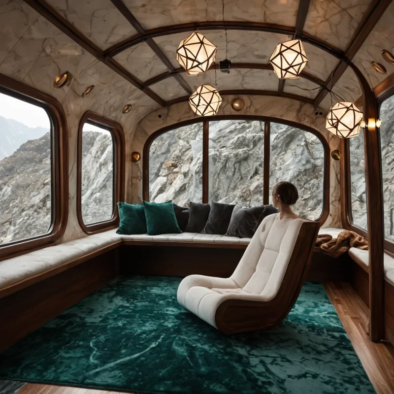 A hyperdetailed, eyelevel medium shot of a serene, domestic interior within a mobile, subterranean tram car gliding through a vein of raw, crystalline quartz. The room is defined by curved walls of polished white marble and warm, honeytoned walnut wood, creating a striking contrast with the jagged, glittering quartz visible through the large, reinforced glass windows. Inside, a young woman with skin the color of deep mahogany sits crosslegged on a plush, emeraldgreen velvet rug, meticulously repairing a complex, clockwork mechanical beetle made of oxidized copper and tiny, glowing sapphire lenses. Soft, warm light emanates from a cluster of paper lanterns shaped like geometric polyhedra hanging from the ceiling, casting