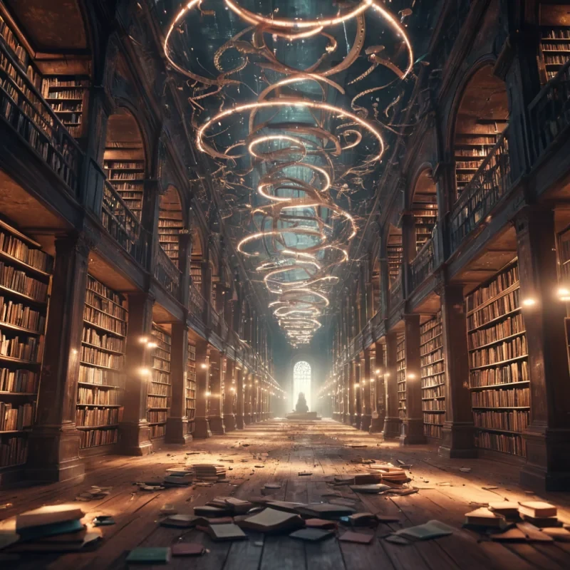 A vast, abandoned library filled with books that emit soft, pulsating lights, their spines adorned with intricate, alien scripts, hyperrealistic, 4K, cinematic lighting, volumetric lighting, atmospheric effects, dynamic lighting, bokeh effect, soft focus, lens flare, pastel tones, detailed textures.