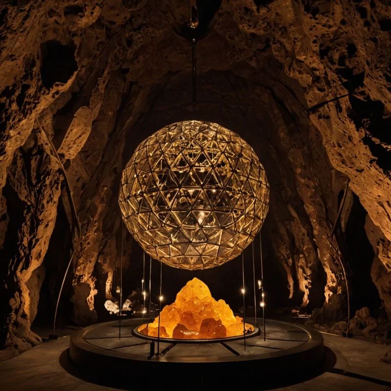A horizontal, eyelevel wide shot of a vast, subterranean geodesic dome constructed from faceted, translucent obsidian glass, situated within a cavern illuminated by veins of glowing, molten sulfur. The dome houses a intricate network of hanging, vertical wind chimes made from polished bronze tubes of varying lengths, each inscribed with ancient, geometric runes. In the center, a sound architect with smooth, alabaster skin and wearing a flowing, asymmetrical robe of deep crimson silk and black lace stands on a floating, circular platform of warm, honeycolored amber. They hold a slender, silver tuning fork that vibrates with a soft, golden resonance, causing the surrounding bronze tubes to hum in harmony. The air is filled with floating