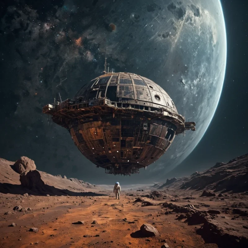 A colossal, ancient, derelict space station, its rusted, meteoritescarred hull looming over a desolate, asteroidstrewn void, stands as a silent, forgotten sentinel. The stations colossal, dormant solar panels, a labyrinth of interlocking, iridescent photovoltaic cells, cast dynamic, ethereal shadows across the cosmic expanse, revealing intricate, ancient star charts etched into the weathered, micrometeoroidpitted surface. Within, a lone, spectral figure, clad in a tattered, vintage spacesuit, drifts through the desolate corridors, their form composed of swirling, stardustkissed motes of light. Ultra HD,
