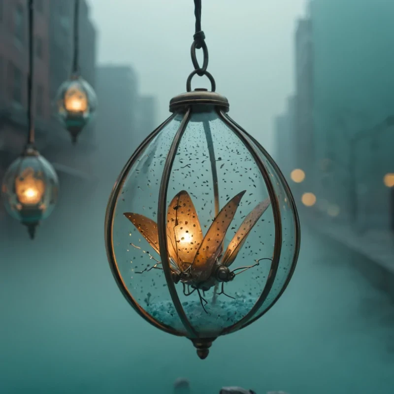 A photorealistic, macro closeup of a delicate, translucent seed pod made of frosted amber glass, suspended in midair within a dense, humid fog bank of soft, pastel teal mist. The seed pod contains a miniature, fully realized cityscape of miniature brass skyscrapers and cobblestone streets, illuminated by warm, glowing lanterns that cast intricate shadows on the inner glass surface. Surrounding the pod are hundreds of tiny, floating mechanical moths with wings made of thin, oxidized copper sheets, their bodies emitting faint, pulsing pulses of electric blue light. The lighting is soft and diffused, creating a dreamlike, ethereal atmosphere with shallow depth of field, blurring the background into a smooth, creamy gradient of