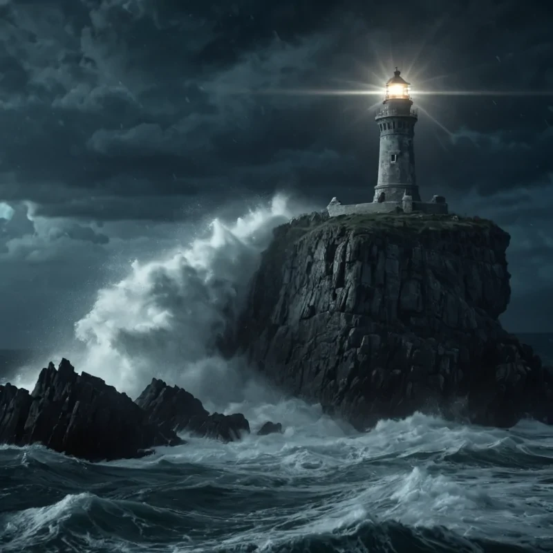A lone, ancient lighthouse standing atop a towering, weathered rock formation, its beam cutting through a swirling, stormy sea under a moonless night, hyperrealistic, 4K, cinematic lighting, volumetric lighting, atmospheric effects, dynamic lighting, bokeh effect, soft focus, lens flare, deep blacks, stormy blues, and eerie silvers, detailed textures.