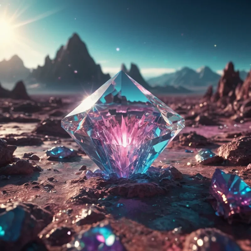 A sentient, levitating crystal formation floats above a vast, alien landscape, its facets reflecting a kaleidoscope of colors from an unseen sun, hyperrealistic, 8K, cinematic lighting, volumetric lighting, atmospheric effects, dynamic lighting, bokeh effect, soft focus, lens flare, neon pinks, electric blues, and shimmering golds, detailed textures.