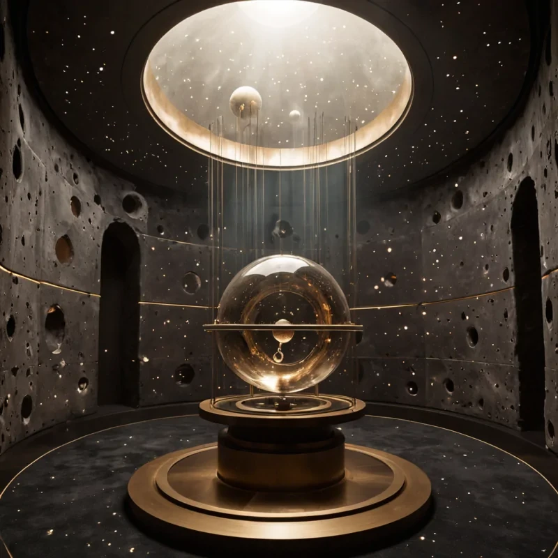 A vertical, eyelevel medium shot of a serene, suspended observatory located within the hollow core of a massive, floating asteroid, where the interior walls are lined with curved, polished bronze mirrors that reflect the endless void of space through transparent portholes. The room is filled with a gentle, warm haze of incense smoke that drifts around delicate, floating globes of solidified starlight, each one a translucent, ambercolored sphere containing a miniature, swirling galaxy in suspended animation. In the center, a low, circular platform made of dark, polished ebony wood holds a complex, brass armillary sphere that rotates slowly, its rings catching the soft, diffuse glow of the distant nebula visible through the windows. In the foreground, a celestial