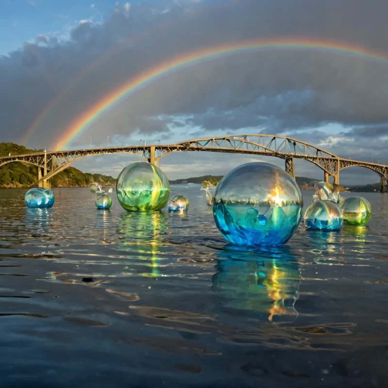 A single, floating archipelago of translucent, bioluminescent glass floats in a sky of inverted rainbows, each island shaped like a different emotion rendered in pure, refracted lightanger as jagged shards, joy as spiraling ribbons, sorrow as slowdrip tears that never fall. The islands are not connected by bridges, but by taut, shimmering threads of solidified empathy, each strand humming with the frequency of a shared breath across time. Below, the ground is not earthit is a vast, still lake of liquid time, its surface perfectly smooth except for the faint, rippling imprints of every decision that was made in haste, each ripple fading into a new color as it spreads. The sky above