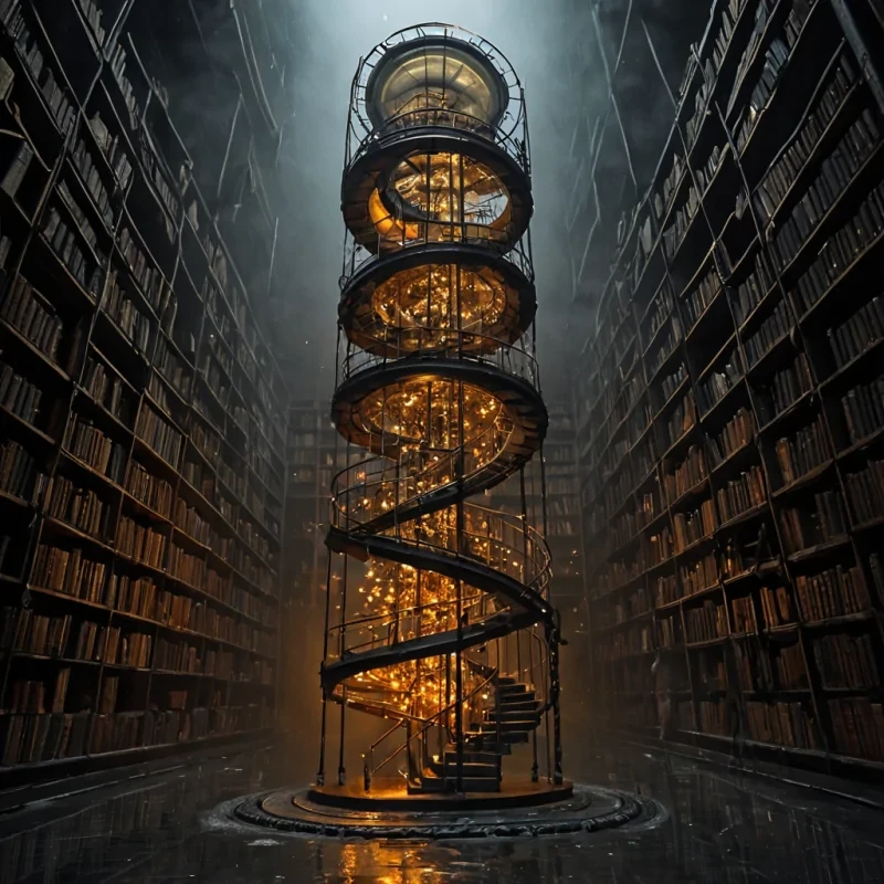 A vertical, eyelevel medium shot of a towering, helical library spiral constructed from stacked, translucent layers of hardened amber resin, suspended in a dense, foggy urban alleyway at midnight. The spiral descends into a dark, mirrorpolished obsidian floor that reflects the scene upside down, creating an infinite vertical symmetry. Within each amber layer, frozen in time, are miniature, intricate dioramas of forgotten mechanical automatonstiny brass birds, copper clocks, and porcelain dollsilluminated from within by soft, warm tungsten filaments that glow like captured fireflies. In the foreground, a figure wearing a sleek, highcollared coat made of matte charcoal leather stands on a narrow, floating bridge of woven steel cables