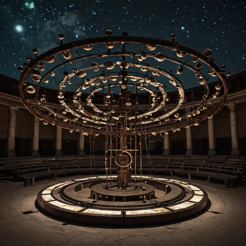 A horizontal, eyelevel wide shot of a vast, circular amphitheater constructed entirely from seamless, polished obsidian that mirrors a surreal, starfilled sky where the constellations are formed by drifting, luminous clouds of iridescent oil slicks. In the center of the arena stands a colossal, intricate mechanical orrery made of rusted bronze gears and suspended brass rings, slowly rotating to track the movements of three distinct moons one pale white, one deep crimson, and one fractured into glowing shards. The seating tiers are not benches but thousands of individual, floating stone slabs arranged in a perfect spiral, each slab holding a single, sleeping figure draped in heavy, textured velvet robes of midnight blue and forest green. The air is