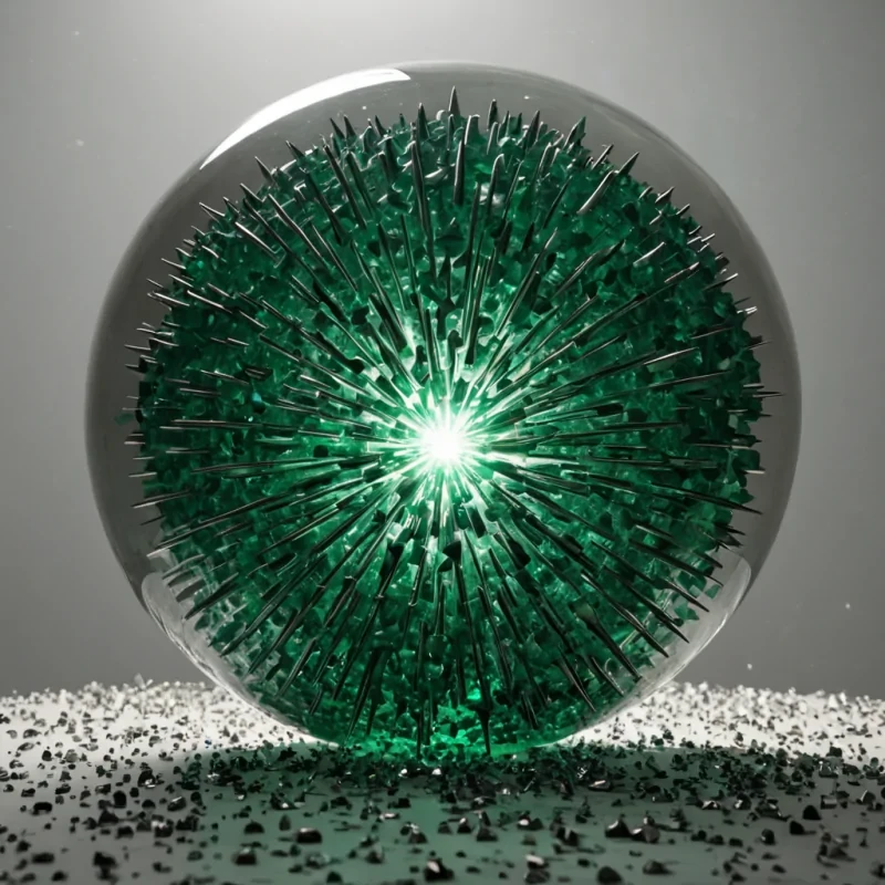 A hyperrealistic, lowangle perspective from inside a vast, spherical chamber lined with thousands of rigid, mattewhite ceramic petals that are slowly, imperceptibly closing. The center of the sphere is occupied by a single, massive, translucent sphere of liquid mercury that is not liquid but appears frozen in a chaotic, splashing instant, with sharp, rigid spikes of silver metal protruding outward in all directions. Embedded within each spike is a tiny, perfectly square chip of glowing emerald green glass, emitting a cool, precise light that contrasts with the warm, soft shadow of the closing petals. The air within the sphere is thick with suspended, microscopic golden dust that swirls in slow, hypnotic spirals, catching the emerald light and creating