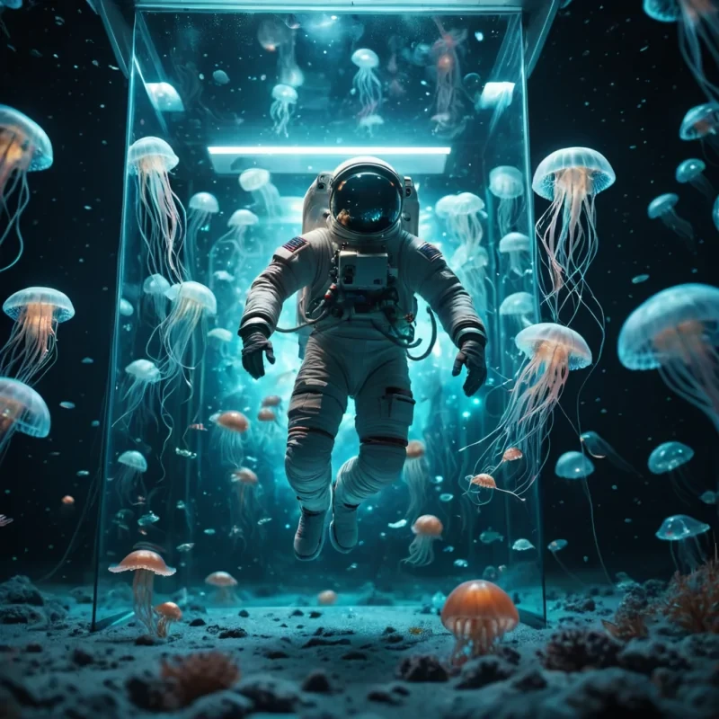A lone astronaut floating in a weightless, neonlit chamber, surrounded by orbiting, bioluminescent jellyfishlike creatures, hyperrealistic, 4K, cinematic lighting, volumetric lighting, atmospheric effects, dynamic lighting, bokeh effect, soft focus, lens flare, vibrant colors, detailed textures.