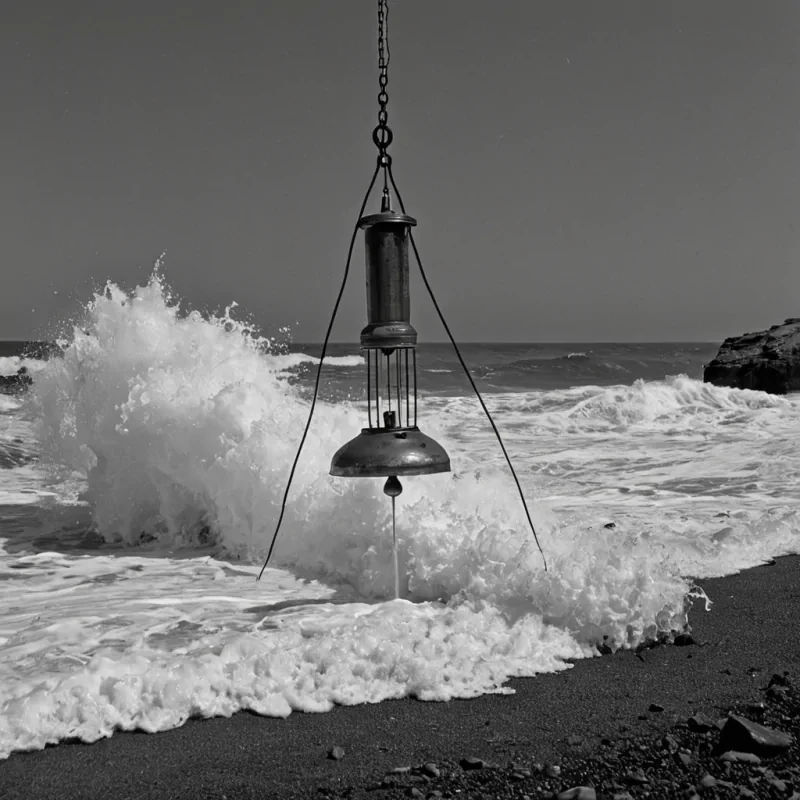 A single, selfsilencing chime of reversed resonance, shaped like a 17,002dimensional pendulum of unformed vibration and inverted harmony, hangs suspended in the center of a vast, inverted lighthouse of solidified sound. Each swing is forged from the exact moment between a bell being struck and its refusal to ring, a wave crashing on shore and dissolving into nonaudible foam, a breath exhaled into the wind and collapsing into pure, unmeasured nonecho. The pendulum does not produce soundit unproduces it, each decaying arc shedding a layer of acoustic potential that never coalesced into frequency, rhythm, or resonance, reforming into ephemeral, topazve