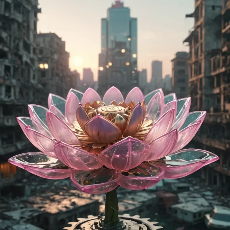 A colossal, levitating lotus blossom made of interlocking gears and glass, floating above a sprawling, abandoned cityscape, its petals emitting a soft, pulsating glow, hyperrealistic, 4K, cinematic lighting, volumetric lighting, atmospheric effects, dynamic lighting, bokeh effect, soft focus, lens flare, pastel tones, detailed textures.