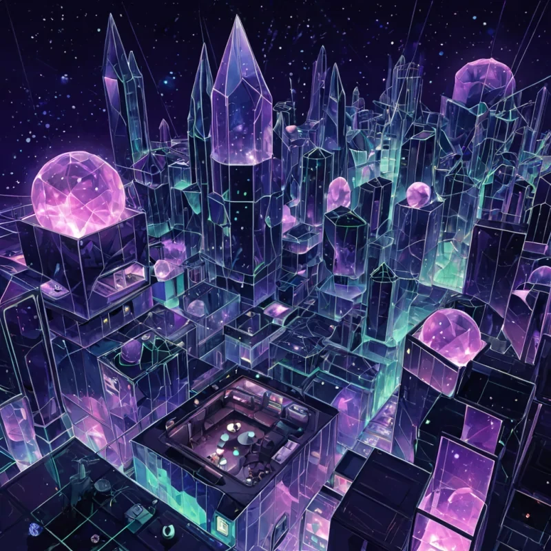 A horizontal, isometric illustration of a bustling, modular cityscape constructed entirely from translucent, geometric crystal shards floating in a vacuum of deep indigo space. The buildings are not static but appear to be slowly rotating and reconfiguring, connected by shimmering threads of liquid light that pulse with rhythmic, neongreen energy. In the foreground, a sleek, podlike transport vessel with a mirrored chrome hull glides silently along one of these lightthreads, its interior revealing a cozy, warmly lit cabin with plush, velvet seating and a single occupant gazing out at the cosmic expanse. The background features a nebula of soft, pastel purples and pinks, providing a gentle contrast to the sharp, angular architecture of the crystal city