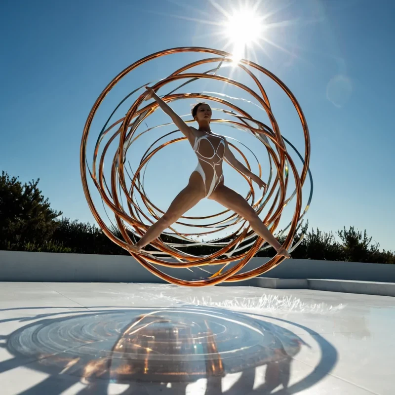A dynamic, lowangle shot of a colossal, kinetic sculpture garden constructed from interlocking rings of polished stainless steel and iridescent copper, spinning slowly in a vast, cloudless sky of electric azure. The rings are embedded with thousands of tiny, floating geometric shards of amber and obsidian that catch the bright sunlight, creating a dazzling display of refracted light and sharp shadows on the white, reflective floor below. In the center, a dancer wearing a formfitting suit of matte white fabric with embedded fiberoptic veins performs a graceful, suspended leap, their body blurred in motion, interacting with the rotating metallic structures. The air is filled with a fine, sparkling mist that glows with a soft, golden hue, illuminated by the high