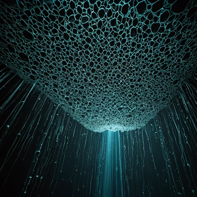 A wideangle, photorealistic shot of a vast, suspended canopy of intricate, translucent fungal networks floating in a dark, voidlike space. The mycelial threads are not organic but crystalline, glowing with a soft, pulsating cyan bioluminescence that creates a complex, weblike lattice of light. Interspersed within the network are dozens of suspended, hexagonal prisms made of polished, smoked quartz, each containing a slowmotion capture of a single water droplet falling, frozen in perfect symmetry. The lighting is dramatic and lowkey, with volumetric beams of cool white light filtering down from an unseen source above, highlighting the intricate textures of the crystal spores and casting long, sharp shadows on the dark, matte