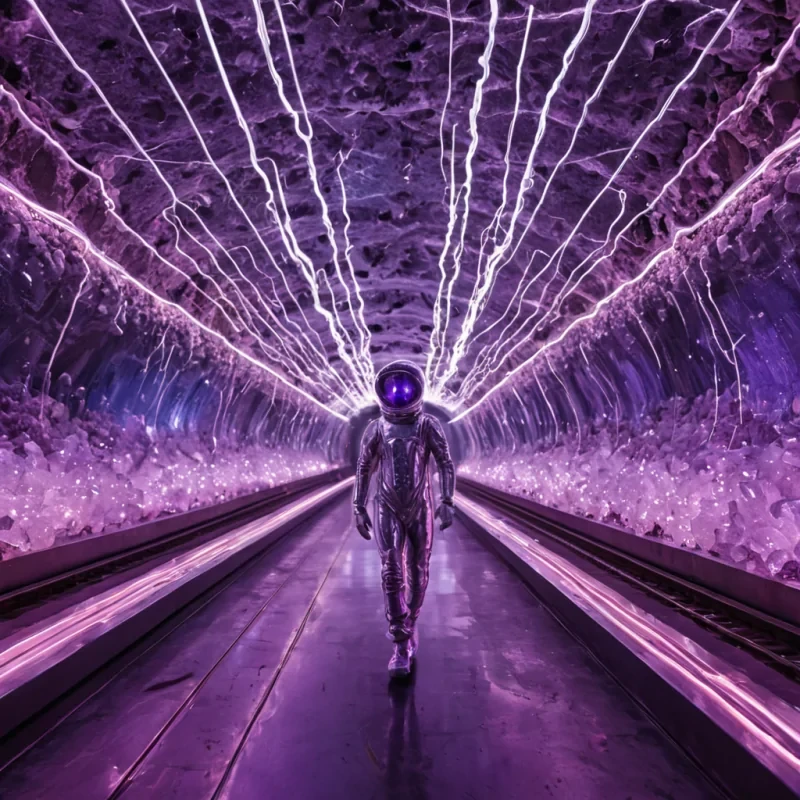 A horizontal, eyelevel medium shot of a highspeed transit corridor inside a colossal, hollowedout geode, where the walls are lined with shimmering clusters of amethyst and rose quartz that refract the passing light into prismatic rainbows. The floor is a seamless track of polished chrome that accelerates toward the viewer, creating a sense of rapid motion blur, while the ceiling consists of a canopy of hanging, crystalline chandeliers made from frozen lightning bolts. In the center, a figure wearing a translucent, bubblehelmet spacesuit and a suit woven from fiberoptic cables runs alongside the track, holding a handheld device that emits a pulse of soft, violet energy, causing the surrounding crystals to glow in response. The atmosphere is
