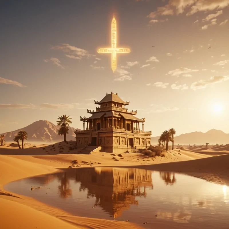 A levitating, ancient temple adorned with intricate, glowing hieroglyphs floats above a desert landscape, its reflections dancing on the golden dunes below, hyperrealistic, 8K, cinematic lighting, volumetric lighting, atmospheric effects, dynamic lighting, bokeh effect, soft focus, lens flare, warm golds, rich ochres, and deep ambers, detailed textures.