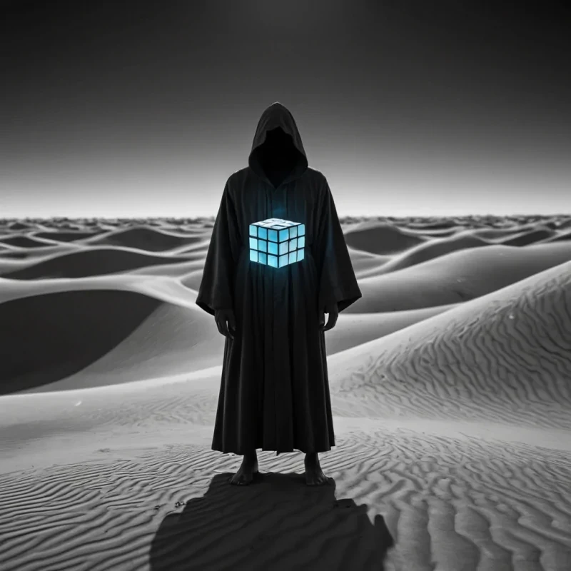 Photorealistic, Ultra HD portrait of a sentient, levitating, neonlit holographic Rubiks cube, its ethereal form pulsating with intricate, bioluminescent fractal patterns, set against a surreal, monochromatic landscape of undulating, shadowy dunes, with volumetric lighting casting dramatic shadows and emphasizing the cubes dynamic, fluid movements, and a subtle, cool bokeh effect creating a sense of isolation and mystery, as a lone, spectral figure, cloaked in a tattered, hooded robe, stands silently at the edge of the frame, their face obscured by shadows, adding an enigmatic, haunting touch to the otherwise abstract scene.
