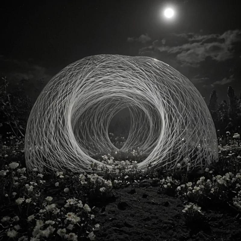 A single, selfrewriting filament of solidified moonlight weaves through the core of a floating, inverted garden of petrified silence, its structure not soil or root but forged from the thermal afterimage of a thousand unspoken lullabies that never drifted through the air of a world that never dreamed. The filament does not glowit unglows, each pulse dissolving a moment of luminescence into its original darkness, releasing a wave of zeroentropy stillness that fractures the fabric of night into a drifting mist of silver, geometric breaths, each one etched with the chromatic echo of a name that never whispered across the lips of a tomb that never held a soul. The gardens flowers are not blooming