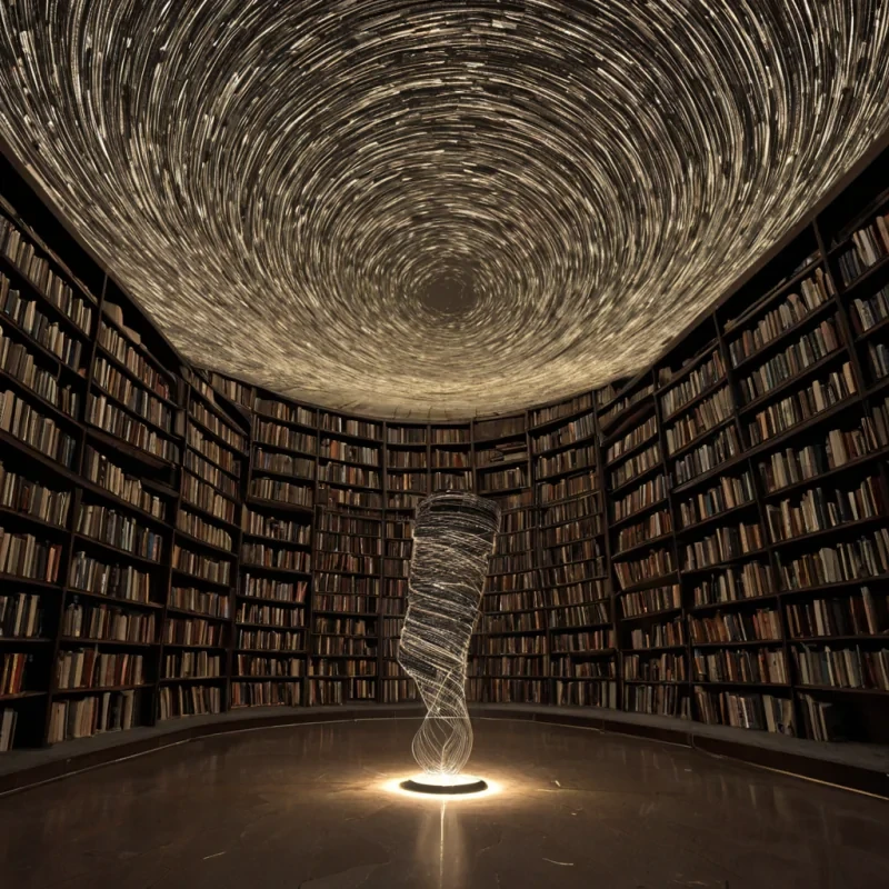 A single, humming monolith of woven silence and solidified starlight stands at the center of a vast, inverted library built inside a hollowedout asteroid, its structure not vertical but spiraling inward like the memory of a breath held too long. The monolith does not resonateit unfolds, revealing not text, but the exact moment a single word was whispered into the void and never heard, its surface etched with the faint, iridescent script of a name that was almost spoken. The library walls are not made of wood or stonethey are layers of compressed soundwaves, arranged in a spiral that mirrors the frequency of a heartbeat that never occurred, each shelf glowing faintly with the afterimage of a conversation that happened in