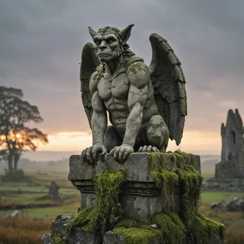 A lone, ancient stone statue of a gargoyle perched on a crumbling, mosscovered ruin, overlooking a sprawling, fogladen marsh at dawn, hyperrealistic, 8K, cinematic lighting, volumetric lighting, atmospheric effects, dynamic lighting, bokeh effect, soft focus, lens flare, muted greys, earthy browns, and rustic oranges, detailed textures.