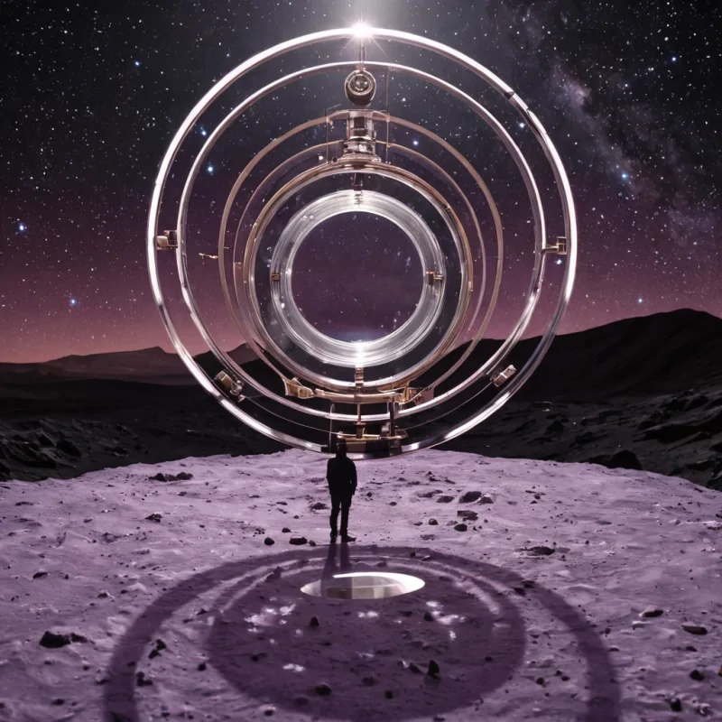A horizontal, eyelevel medium shot of a silent, highaltitude observatory constructed from brushed titanium and frosted quartz, perched on the rim of a crater on a rogue planet drifting through the interstellar void. The sky is an infinite canvas of deep velvety black, scattered with the faint, distant glow of a nebula in soft lavender and rose gold. The central focus is a massive, rotating lens assembly made of concentric rings of transparent crystal, each ring holding a different element from the periodic table in their purest form, floating in magnetic suspension. Inside the rings, tiny, glowing atoms orbit in complex, chaotic patterns, casting intricate, prismatic shadows on the polished floor. In the foreground, a figure wearing a sleek