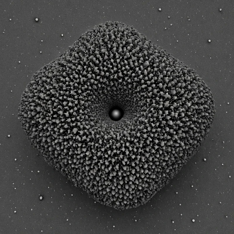 A single, selfilluminating cluster of reversed gravity, shaped like a 3,097dimensional lattice of unformed weight and inverted mass, floats at the center of a vast, inverted void of solidified buoyancyeach particle carved from the exact moment between an object falling and its refusal to descend, a step being taken and dissolving into nonkinetic mist, a heartbeat syncing and collapsing into pure, unmeasured suspension. The cluster does not attractit unattracts, each shimmering node shedding a layer of gravitational potential that never coalesced into a shared pull, reforming into ephemeral, obsidianthreaded afterimages shaped like the negative space between two feet that never touched the ground to begin the