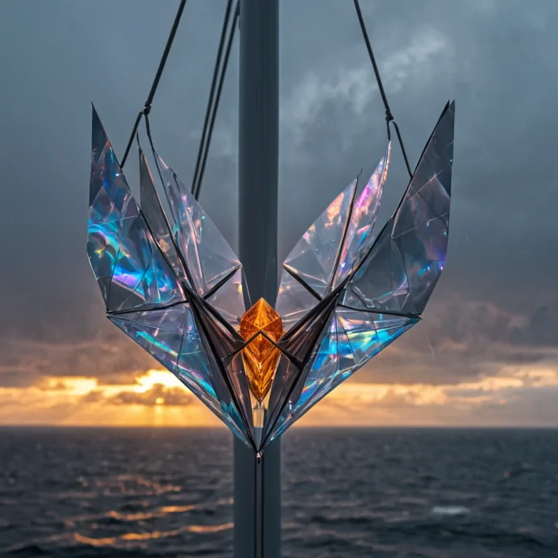 A horizontal, eyelevel extreme closeup of a delicate, floating origami crane crafted from sheets of iridescent, heatsensitive smartglass, hovering inside the narrow, vertical shaft of a colossal, cylindrical wind turbine. The background is a blur of motion, showing the rapidly spinning, whitebladed turbines of a vast offshore farm under a stormy, slategray sky. Inside the transparent glass body of the crane, intricate, glowing copper circuitry forms the shape of a human heart, pulsing with rhythmic, warm amber light that contrasts sharply with the cool, blue ambient light filtering through the rainslicked glass walls. Water droplets cling to the outer surface of the glass, distorting the view of the distant horizon, while