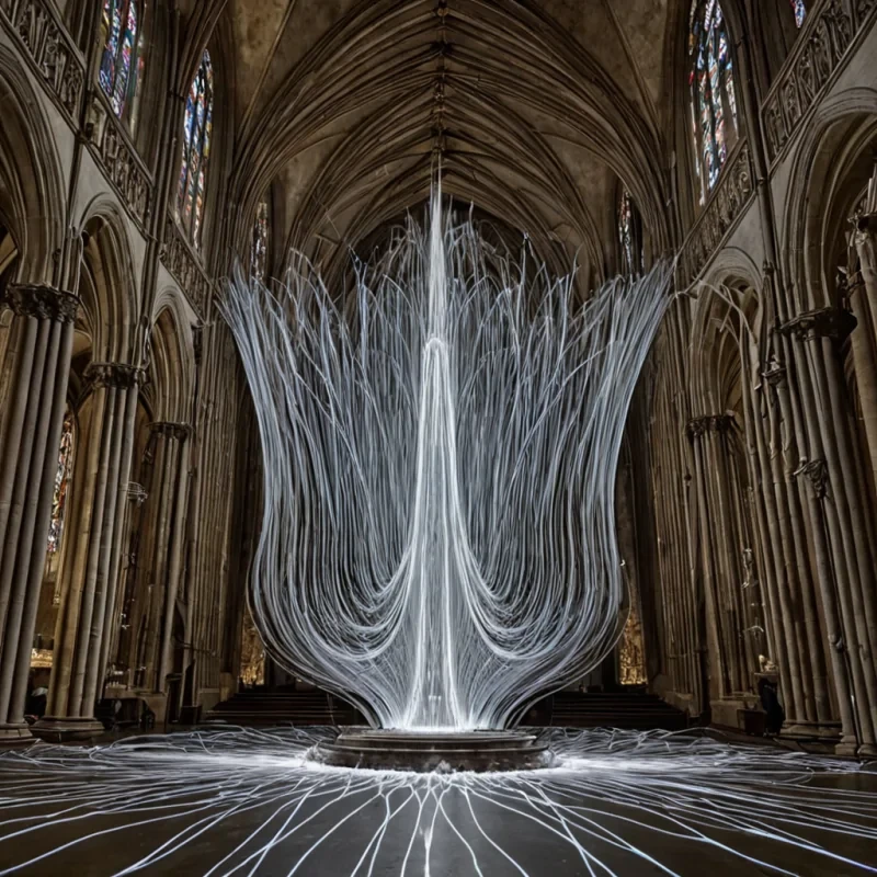 A single, selfoscillating thread of reversed gravity pulses through the center of a floating, inverted cathedral of liquid sound, its structure not stone or marble but forged from the solidified resonance of a thousand unplayed symphonies that never reached the ears of an audience. The thread does not vibrateit unplays, each contraction rewinding a note into its original silence, releasing a wave of zeroentropy harmony that dissolves the fabric of vibration into a shimmering mist of crystalline silence, each particle etched with the chromatic afterimage of a chord that never resolved. The cathedrals vaulted ceilings are not archedthey are frozen soundwaves suspended in midcollapse, their curves etched with the thermal residue of a