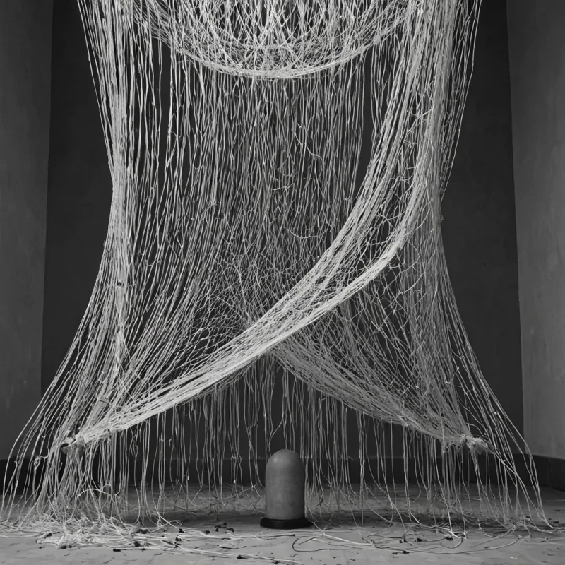 A single, selffragmenting tangle of reversed silence, shaped like a 3,141dimensional net of unformed stillness and inverted resonance, drifts at the center of a vast, inverted sea of solidified sound. Each strand is woven from the exact moment between a whisper forming in the throat and its refusal to leave, a bell tolling in an empty chapel and dissolving into nonecho, a heartbeat syncing with the void and collapsing into pure, unmeasured nonrhythm. The net does not capture sound  it uncaptures it, each fraying thread shedding a layer of auditory potential that never coalesced into vibration, tone, or meaning, reforming into ephemeral, sapphire