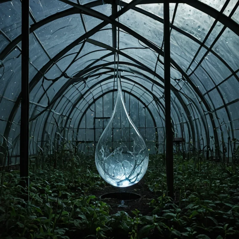 A single, selfresonating droplet of liquidized moonlight hangs suspended in the center of a vast, inverted greenhouse built from the skeletal remains of a forgotten forest, its glass not transparent but woven from the solidified echoes of a single, unplayed lullaby that vibrates at the frequency of a memory never formed. The droplet does not fallit expands outward in slow, silent waves, each ripple forming a new constellation of bioluminescent pollen that drifts like the afterimage of a breath held too long in a room that never existed. The greenhouse walls are not glassthey are layered membranes of compressed silence, each pane etched with the thermal residue of a conversation that ended before it began, their surfaces glowing faintly
