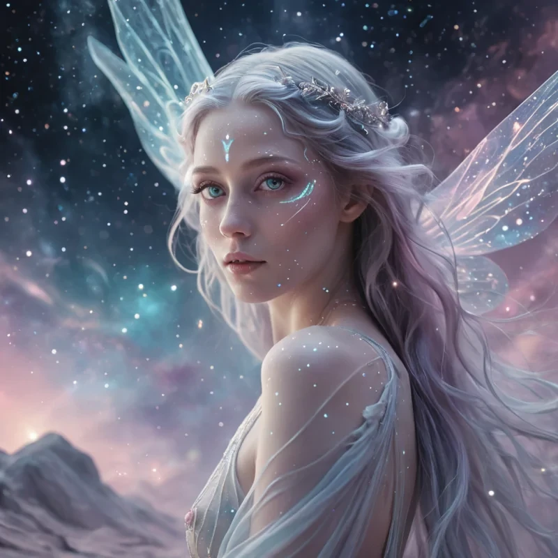 A hyperrealistic, 4K, ultra HD portrait of a mysterious, ethereal being with opalescent skin and eyes that shimmer like moonlight. The beings translucent, gossamer wings flutter gently, leaving trails of stardust in their wake. The background is a surreal, nebulalike landscape of swirling, pastel hues, with distant galaxies and planets casting a soft, ethereal glow. Cinematic lighting accentuates the beings otherworldly features, while a subtle bokeh effect blurs the cosmic backdrop, creating a dreamlike atmosphere.