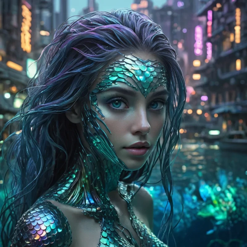 A hyperrealistic, 4K, ultra HD portrait of a cybernetic mermaid, her iridescent scales shimmering with the colors of a neondrenched underwater city. The mermaids eyes, a deep, enigmatic sapphire, hold the secrets of a thousand digital tides. Her hair, a cascade of shimmering, holographic seaweed, gently pulses with each beat of her mechanical heart. The background is a surreal, aquatic metropolis filled with floating data streams and the soft glow of bioluminescent algae. Cinematic lighting accentuates the mermaids otherworldly beauty, while a subtle bokeh effect blurs the neonlit underwater cityscape, creating an intimate, focused atmosphere.