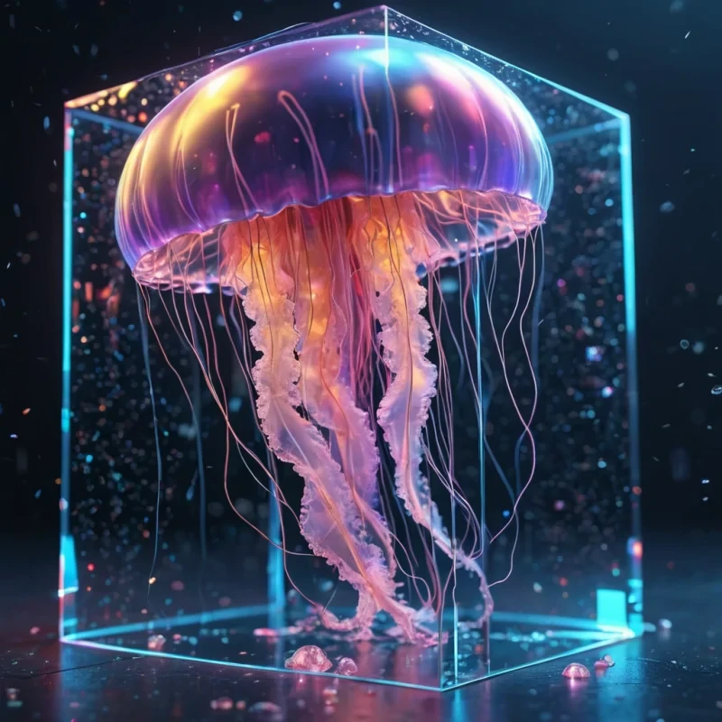 Hyperrealistic neon jellyfish with reflective metallic tendrils floating in a cubic topaz chamber filled with shimmering quantum rain, holographic droplets suspended in volumetric lighting, bokeh effect, pastel tones, 4K