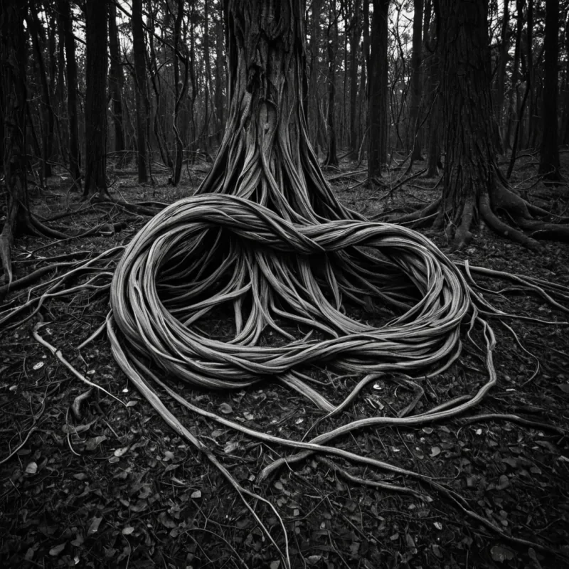 A single, selfilluminating tangle of reversed light, shaped like a 5,219dimensional knot of unformed shadow and inverted luminescence, floats at the center of a vast, inverted forest of solidified twilighteach tree carved from the exact moment between a leaf turning and its refusal to fall, a branch stretching and dissolving into nonorganic stillness, a root grasping and collapsing into pure, unmeasured darkness. The knot does not glowit unglows, each twisting filament shedding a layer of photonic potential that never coalesced into visible radiance, reforming into ephemeral, onyxthreaded afterimages shaped like the negative space between two eyes that never blinked in a world